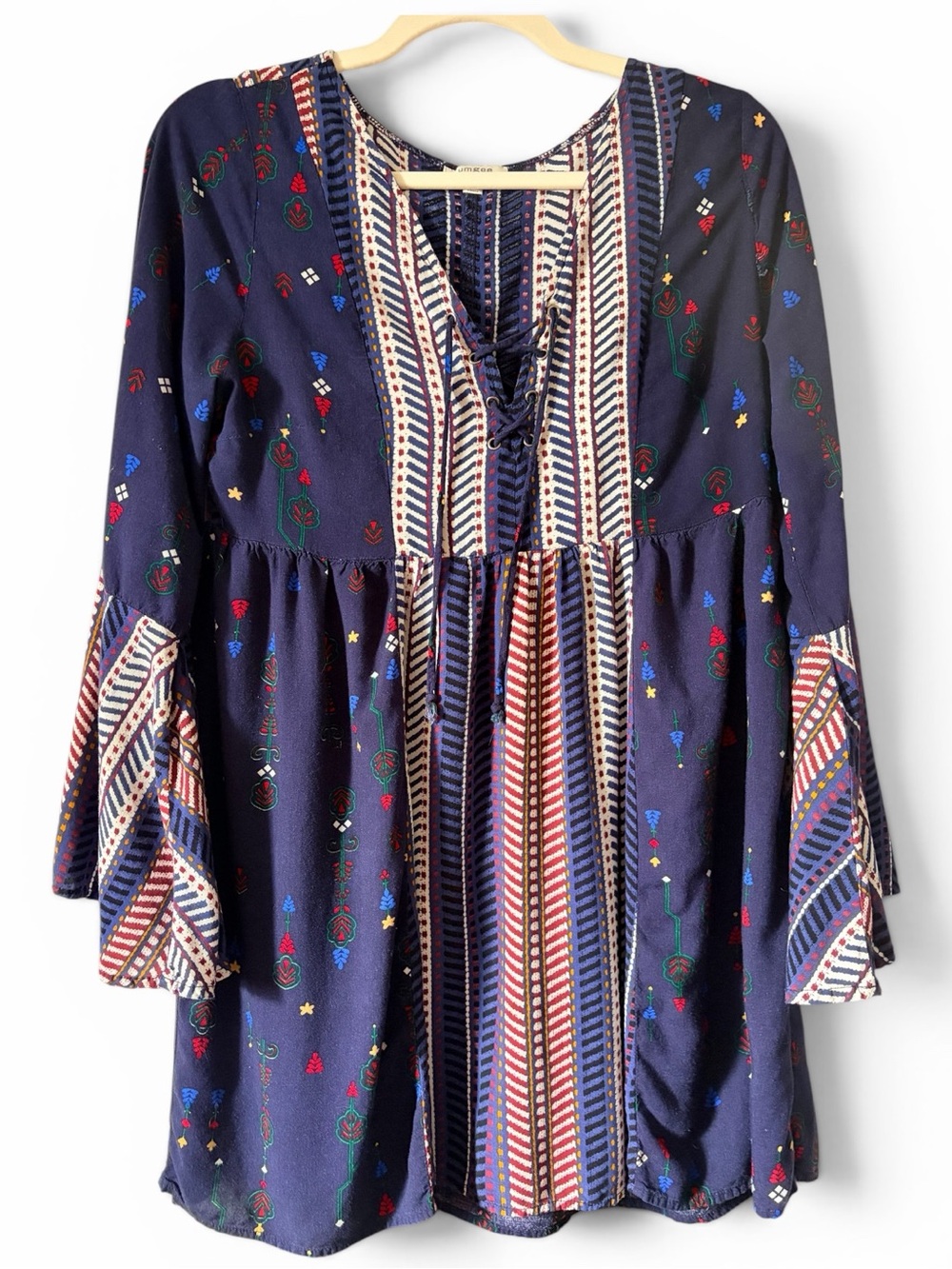 UMGEE bell sleeve cotton blend lace-up tunic